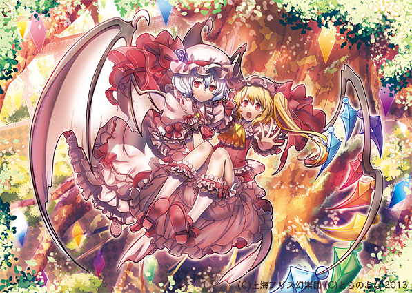 ascot bat_wings blonde_hair bloomers blue_hair bow dress flandre_scarlet hand_in_hair hat hat_bow looking_at_viewer multiple_girls open_mouth pink_dress puffy_sleeves red_dress red_eyes red_footwear remilia_scarlet shoes short_sleeves siblings side_ponytail sisters smile suou_sakura touhou tree underwear wings wrist_cuffs