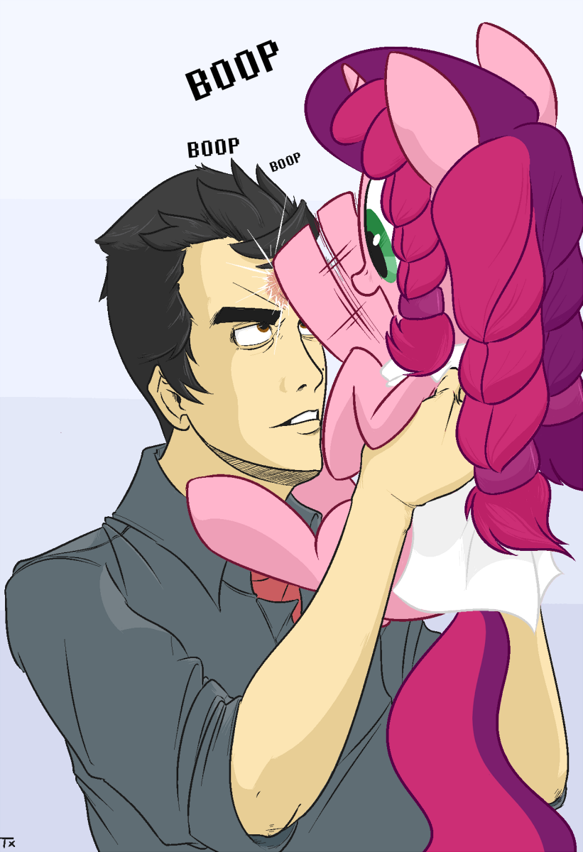 clothing duo equine female feral friendship_is_magic fur green_eyes hair horn horse human male mammal marker_pony_(character) my_little_pony pink_fur plain_background pony shirt two_tone_hair txlegionnaire unicorn white_background