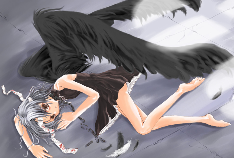 artist_request backless_outfit barefoot black_wings blood broken broken_chain brown_eyes chain copyright_request dress feathers grey_hair leash short_hair solo wings