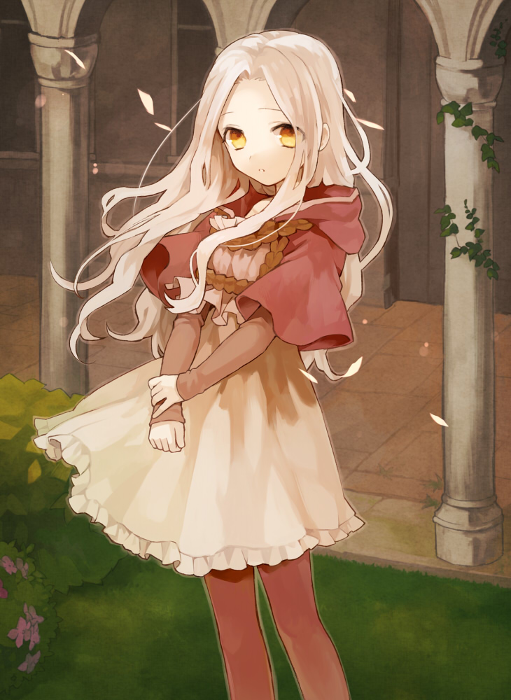 :o capelet dress garden hood hood_down hoodie ivy long_hair long_sleeves looking_at_viewer original pantyhose parted_lips pillar red_capelet red_legwear silver_hair sleeves_past_wrists solo soto white_dress wide_sleeves wind wrist_grab yellow_eyes