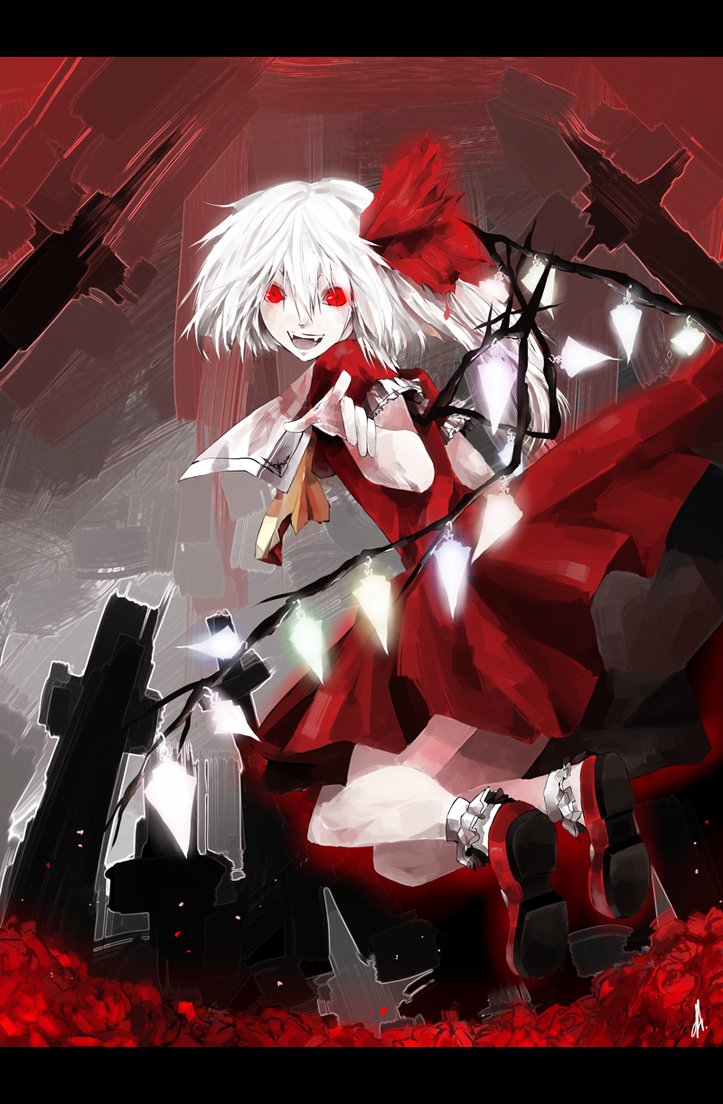 bad_deviantart_id bad_id bobby_socks deathalice fangs flandre_scarlet hair_ribbon koumajou_densetsu open_mouth pointing red_eyes ribbon shoes smile socks solo touhou white_hair wings