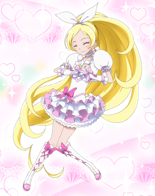 abe_masaki blonde_hair boots bow brooch choker closed_eyes cure_rhythm dress earrings frills hair_ribbon hands_clasped heart jewelry knee_boots long_hair magical_girl minamino_kanade own_hands_together pink_background precure ribbon smile solo suite_precure white_choker