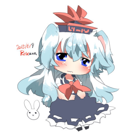 animal_ears artist_name bad_id bad_pixiv_id blue_dress blue_eyes bunny_ears bunny_tail chibi dated dress duplicate hat kamishirasawa_keine kemonomimi_mode long_hair looking_at_viewer lowres neckerchief rebecca_(keinelove) silver_hair sitting solo tail touhou very_long_hair