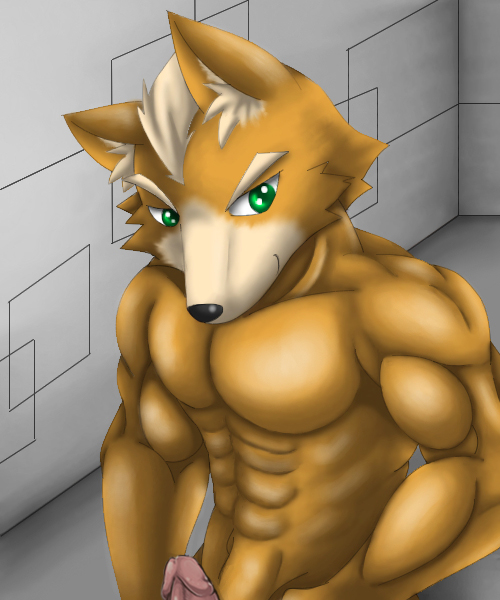 anthro biceps big_muscles black_nose blonde_hair brown_fur canine erection fox fox_mccloud fur green_eyes grin hair male mammal muscles natuwomatusyounen_(pixiv) nintendo nude pecs penis pose presenting smile solo standing star_fox tan_fur toned unknown_artist video_games