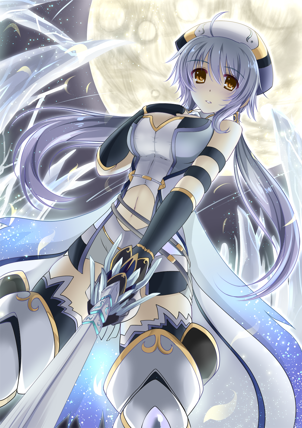 blue_hair breasts cu-no elbow_gloves gloves hat highres hisenkaede long_hair looking_at_viewer medium_breasts official_art rapua_qive solo sword weapon yellow_eyes