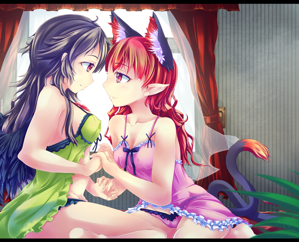 animal_ears bad_id bad_pixiv_id bare_legs bare_shoulders black_hair black_wings braid breasts cat_ears cat_tail cleavage couple covered_nipples curtains eye_contact face-to-face holding holding_hands kaenbyou_rin konata_gazel light_smile looking_at_another medium_breasts messy_hair multiple_girls panties purple_panties red_eyes red_hair reiuji_utsuho tail third_eye touhou twin_braids underwear underwear_only window wings yuri