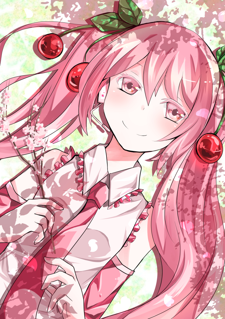 1girl bangs bare_shoulders branch cherry cherry_blossoms cherry_hair_ornament commentary detached_sleeves food food_themed_hair_ornament from_above fruit hair_between_eyes hair_ornament hatsune_miku headset holding_branch leaf long_hair lying necktie on_back pink_eyes pink_hair sakura_miku sazanami_(ripple1996) shadow smile solo symbol_commentary tree_shade twintails very_long_hair vocaloid