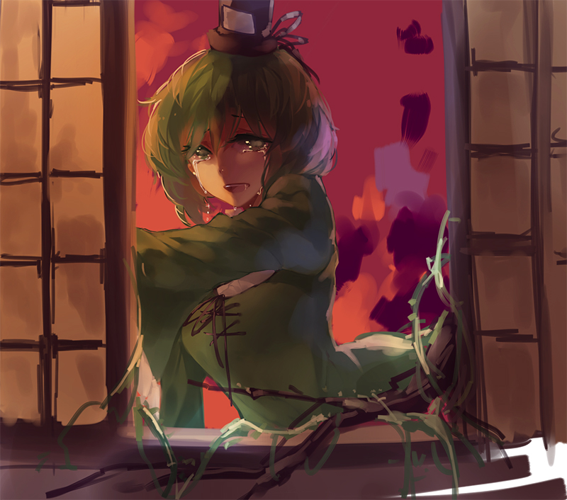 black_hat branch crying crying_with_eyes_open dress ghost green_dress green_eyes green_hair hat hug_(yourhug) leaf long_sleeves looking_at_viewer open_mouth red_sky short_hair sky soga_no_tojiko solo tears touhou window
