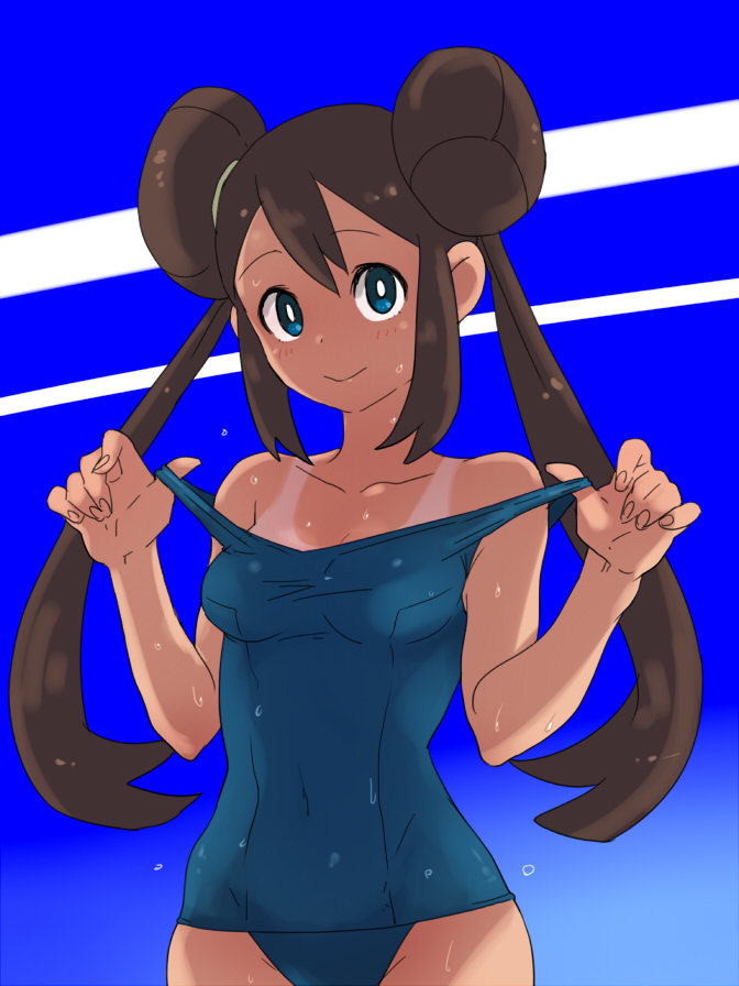 @@@ bad_id bad_pixiv_id blue_eyes blush breasts brown_hair double_bun long_hair looking_at_viewer medium_breasts mei_(pokemon) one-piece_swimsuit pokemon pokemon_(game) pokemon_bw2 school_swimsuit smile solo strap_pull swimsuit tan tanline twintails wet