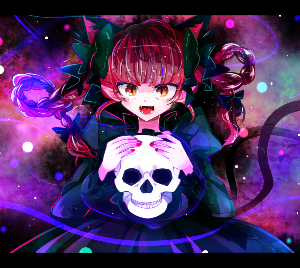 animal_ears bad_id bad_pixiv_id bow braid cat_ears cat_tail dress fangs green_dress hair_bow kaenbyou_rin long_hair open_mouth red_eyes red_hair ribbon skull solo south_(monookibako) tail touhou twin_braids