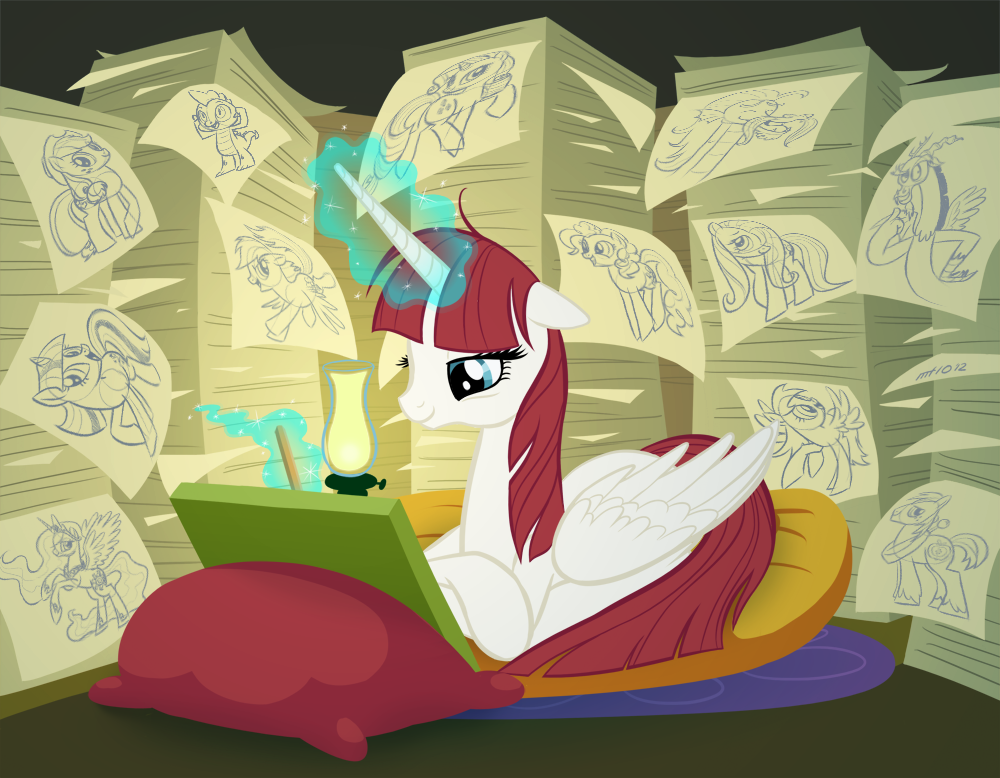 applejack_(mlp) big_macintosh_(mlp) blue_eyes creating_art discord_(mlp) draconequus dragon empty-10 equine fausticorn female feral fluttershy_(mlp) friendship_is_magic fur hair horn horse lamp lauren_faust_(character) long_day_at_work lying magic mammal my_little_pony on_front original_character paper pegasus pillow pinkie_pie_(mlp) pony princess_celestia_(mlp) rainbow_dash_(mlp) rarity_(mlp) red_hair royalty sitting sketch sketches sketching solo spike_(mlp) twilight_sparkle_(mlp) unicorn white_fur winged_unicorn wings