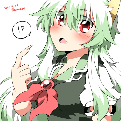 artist_name bad_id bad_pixiv_id blush dated ex-keine fang green_hair horns kamishirasawa_keine long_hair lowres open_mouth rebecca_(keinelove) red_eyes solo touhou