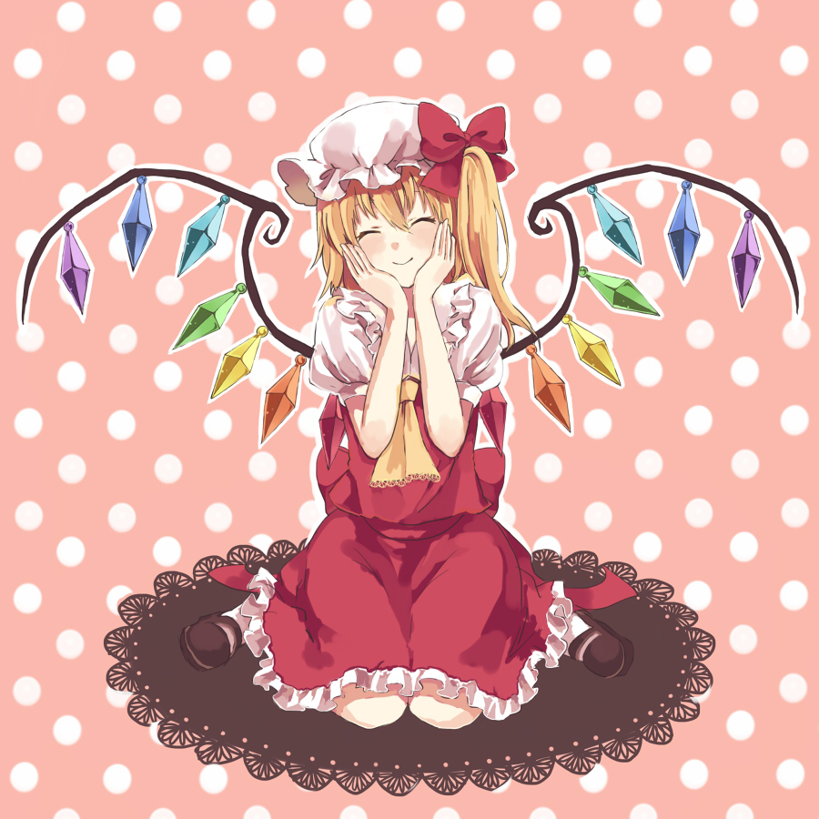 ascot bad_id bad_pixiv_id blonde_hair blush bow closed_eyes flandre_scarlet hair_bow hands_on_own_face hat polka_dot polka_dot_background short_hair side_ponytail smile solo toa_(fafamohu) touhou wings