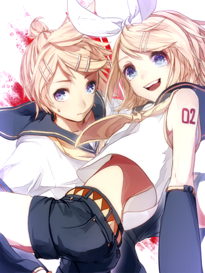 1girl bad_id bad_pixiv_id blonde_hair blue_eyes brother_and_sister kagamine_len kagamine_rin nyk_111 ribbon siblings smile twins vocaloid