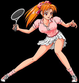 akane_(akane_no_heya) akane_no_heya animated animated_gif bad_company_(circle) black_background bow breasts covered_nipples hair_bow large_breasts long_hair lowres orange_hair panties pantyshot pleated_skirt racket shirt shoes simple_background skirt socks solo standing taut_clothes taut_shirt tennis tennis_racket underwear upskirt