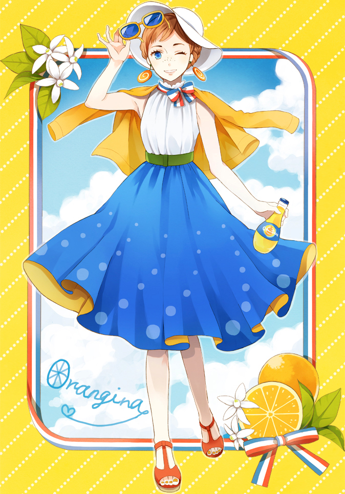 blue_eyes bottle character_name dress earrings flower food freckles fruit jacket jacket_on_shoulders jewelry looking_at_viewer one_eye_closed orange orange_blossoms orange_hair orangina sandals short_hair skirt smile solo toenail_polish