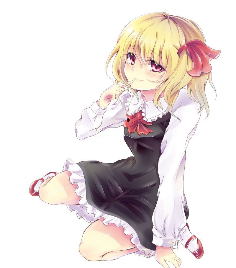 black_dress blonde_hair bow dress finger_to_mouth full_body hair_ribbon long_sleeves looking_at_viewer pink_eyes red_footwear ribbon rumia shirt shoes simple_background sitting smile solo takitou touhou wariza white_background