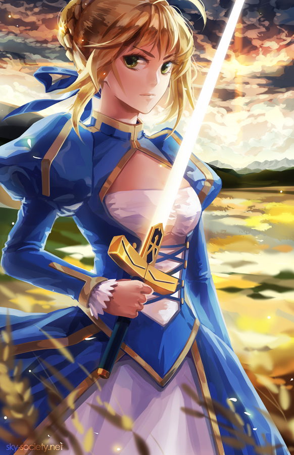 alice_jing artoria_pendragon_(all) blonde_hair dress fate/stay_night fate_(series) glowing glowing_sword glowing_weapon green_eyes juliet_sleeves long_sleeves puffy_sleeves ribbon saber solo sword weapon