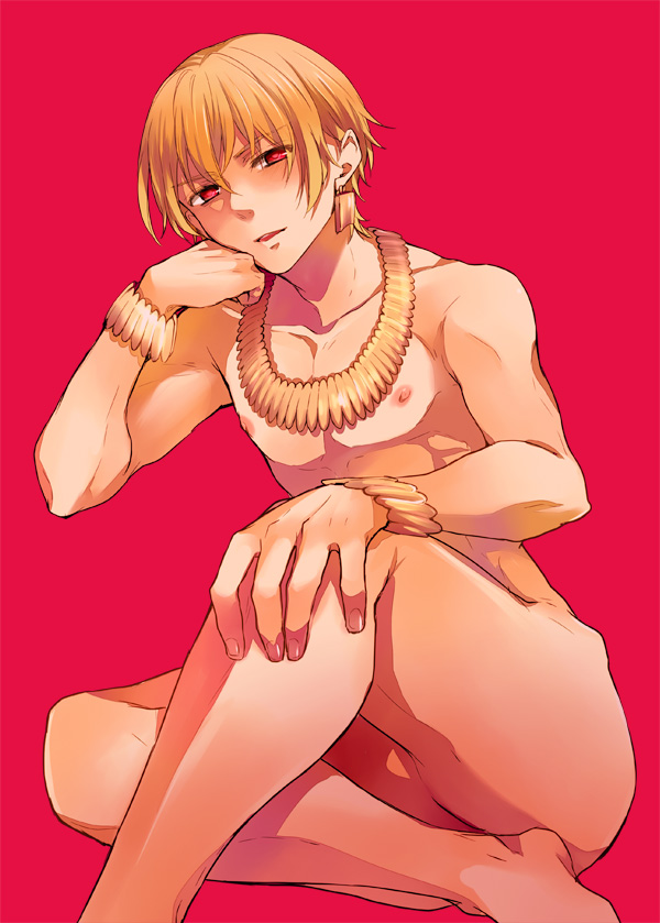 blonde_hair blush bracelet convenient_censoring crossed_legs earrings epuko fate/zero fate_(series) gilgamesh jewelry male_focus nude open_mouth red_eyes