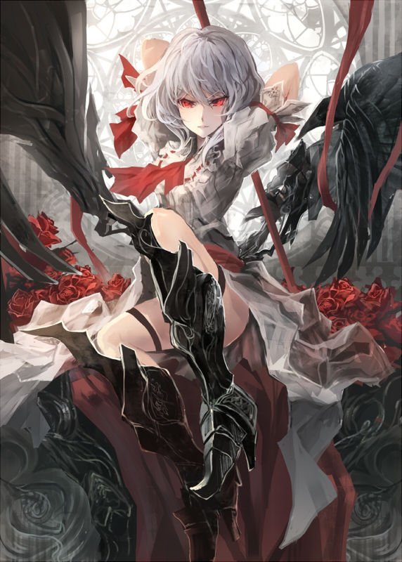 arms_behind_head boots flower greaves knee_boots lavender_hair makai_no_juumin metal_boots no_hat no_headwear polearm red_eyes red_flower red_rose remilia_scarlet rose serious short_hair solo spear spear_the_gungnir touhou weapon white_hair wings