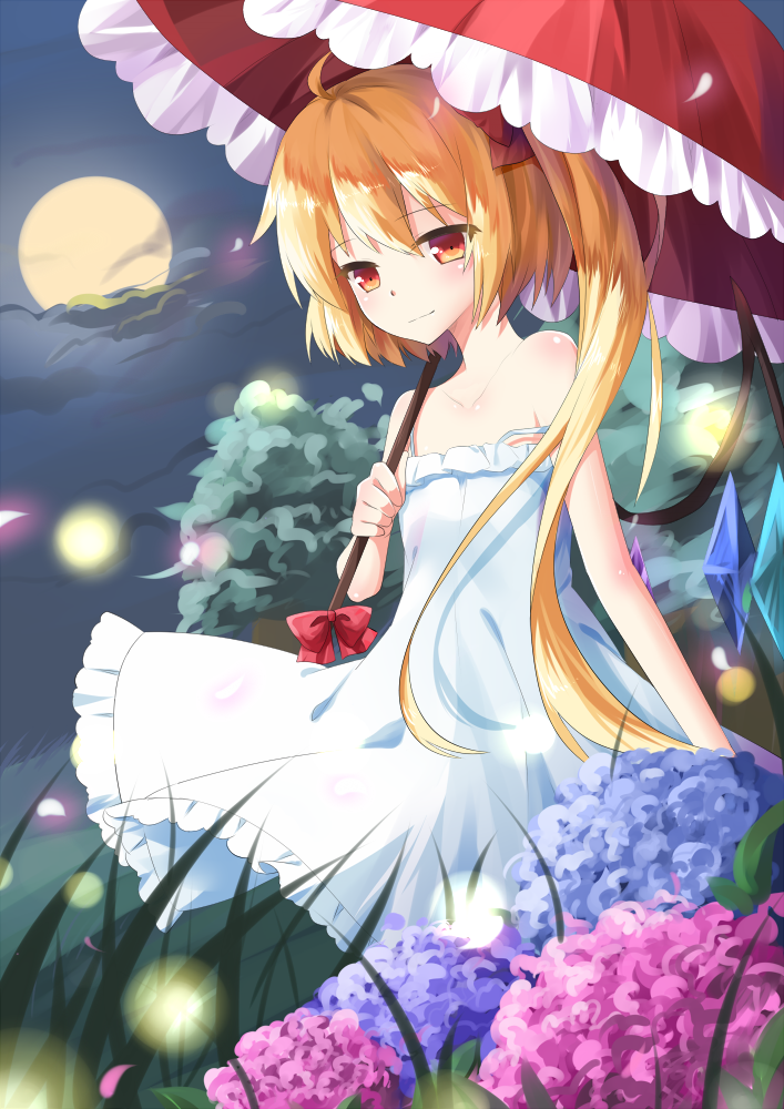 bad_id bad_pixiv_id bare_shoulders blonde_hair bow dress flandre_scarlet flower full_moon hydrangea long_hair moon parasol red_eyes side_ponytail smile solo touhou transistor umbrella wings