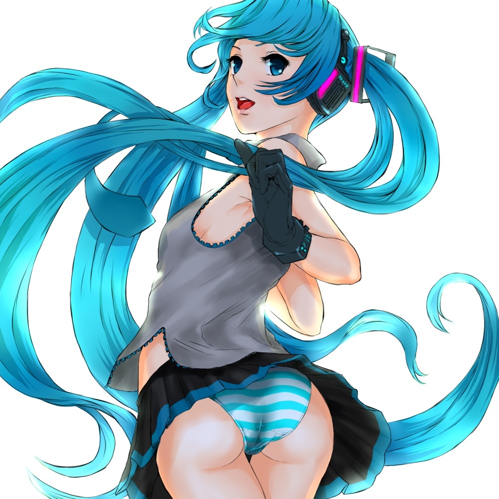 aqua_eyes aqua_hair ass bad_id bad_pixiv_id from_behind gloves hatsune_miku headphones long_hair looking_back necktie ntw-20_(artist) open_mouth panties simple_background skirt solo striped striped_panties twintails underwear very_long_hair vocaloid white_background