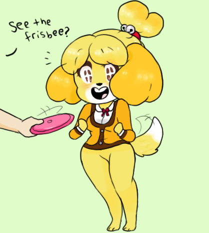 animal_crossing anthro bottomless canine disembodied_hand dog duo english_text female frisbee green_background isabelle_(animal_crossing) mammal nintendo plain_background smut-valerian source_request text video_games