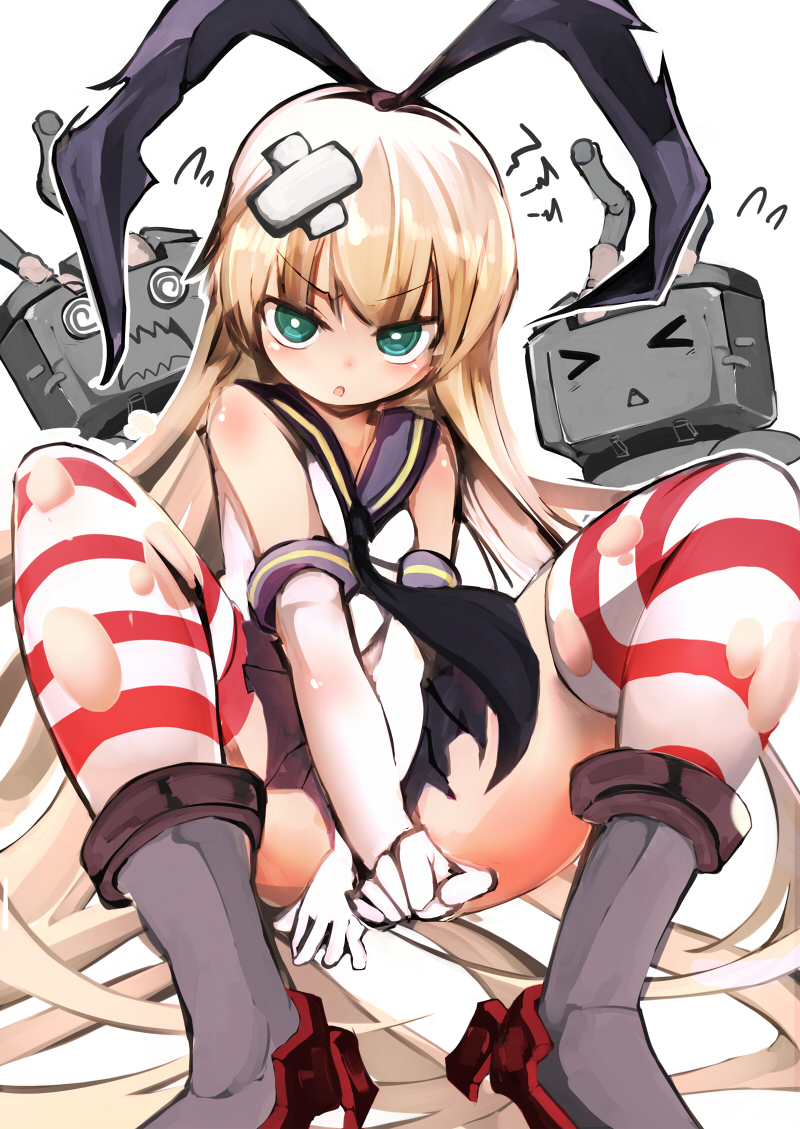 bad_id bad_pixiv_id bandages black_panties blonde_hair blush elbow_gloves gloves hairband kantai_collection long_hair looking_at_viewer navel panties rensouhou-chan shimakaze_(kantai_collection) shun_soku sitting solo striped striped_legwear thighhighs torn_clothes turret underwear white_gloves