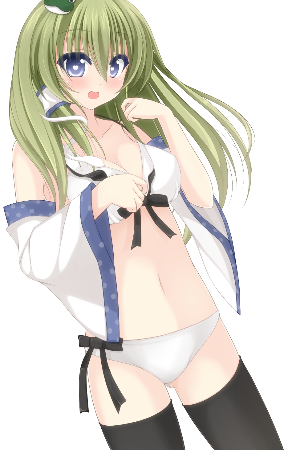 bare_shoulders black_legwear blue_eyes blush bra breasts chimunge collarbone detached_sleeves frog_hair_ornament green_hair hair_ornament hair_tubes heart heart-shaped_pupils highres kochiya_sanae long_hair long_sleeves medium_breasts navel open_mouth panties smile snake_hair_ornament solo symbol-shaped_pupils thighhighs touhou underwear underwear_only white_bra white_panties wide_sleeves