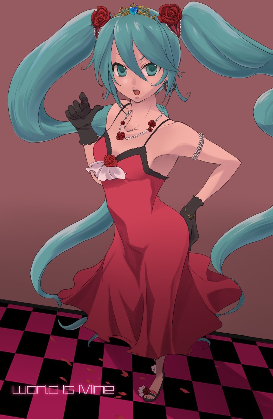 aqua_eyes aqua_hair bad_id bad_pixiv_id bracelet checkered checkered_floor copyright_name dress earrings flower gloves hair_flower hair_ornament hand_on_hip hatsune_miku highres jewelry long_hair necklace ntw-20_(artist) open_mouth solo tiara twintails very_long_hair vocaloid world_is_mine_(vocaloid)