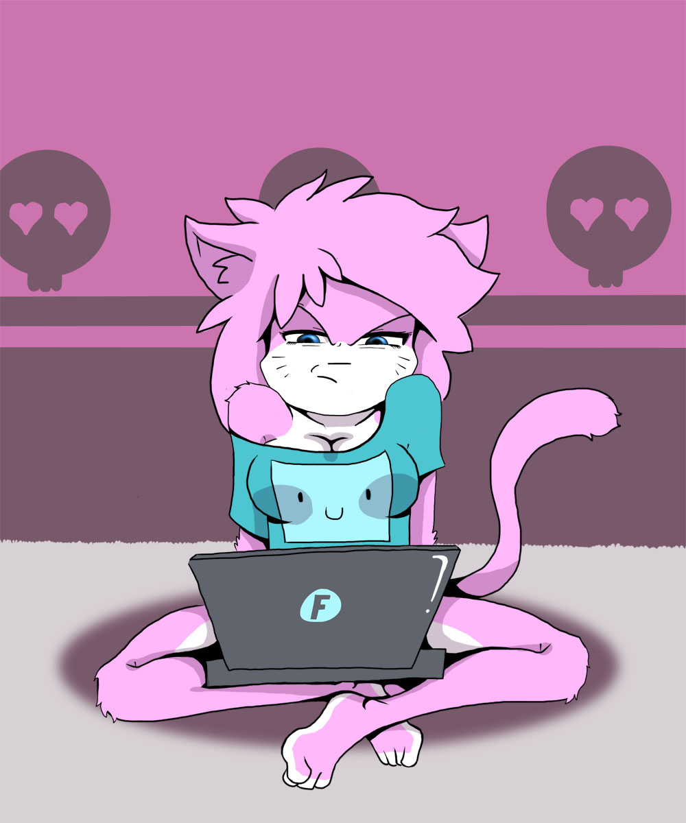 adventure_time aeris_(vg_cats) anthro barefoot big_breasts blue_eyes bmo breasts cat cleavage clothed clothing computer feline female fr0st frown hair laptop mammal pink_hair sitting vg_cats