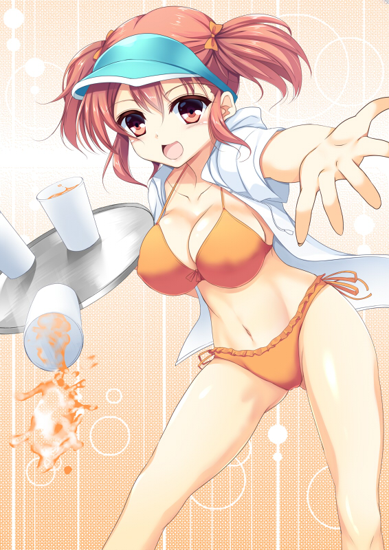 bad_id bad_pixiv_id bikini breasts brown_eyes brown_hair cleavage drink frilled_bikini frills glass hataraku_maou-sama! large_breasts looking_at_viewer navel open_clothes open_mouth open_shirt sasaki_chiho shirt short_hair side-tie_bikini smile solo spill strap_gap swimsuit twintails visor_cap yappen