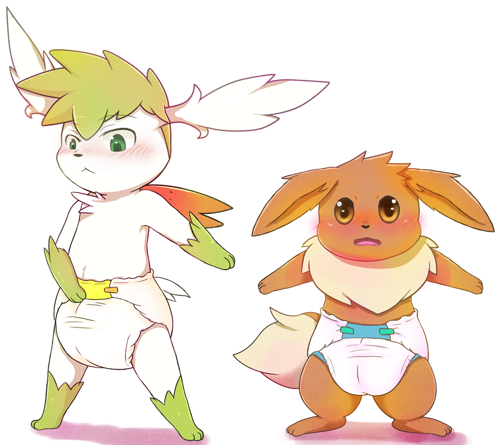 blush brown_eyes bulging cub diaper eevee green_eyes legendary_pok&#233;mon nintendo plain_background pok&#233;mon pok&eacute;mon ruugiaruu shaymin sky_form standing video_games white_background young