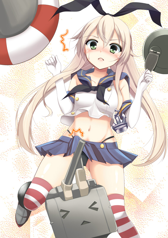 &gt;_&lt; 1girl anchor anchor_hair_ornament bad_id bad_pixiv_id black_panties blonde_hair blush boots closed_eyes crop_top crop_top_overhang elbow_gloves full-face_blush gloves hair_ornament hairband kantai_collection lifebuoy long_hair midriff navel open_mouth panties pantyshot parted_lips rensouhou-chan shimakaze_(kantai_collection) shiny shiny_skin skindentation skirt skirt_lift solo striped striped_legwear thighhighs underwear white_gloves yappen