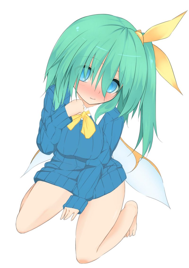 blue_eyes blush bottomless breasts daiyousei denpaken_pochi fairy_wings green_hair looking_at_viewer medium_breasts naked_sweater no_pants simple_background solo sweater touhou white_background wings