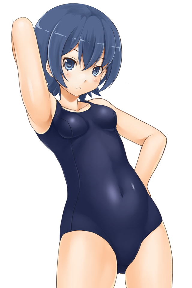 :&lt; armpits bare_shoulders blue_eyes blue_hair breasts collarbone covered_navel cowboy_shot hand_behind_head hand_on_hip looking_at_viewer minami-ke minami_touma mo-fu one-piece_swimsuit short_hair simple_background small_breasts solo standing swimsuit white_background