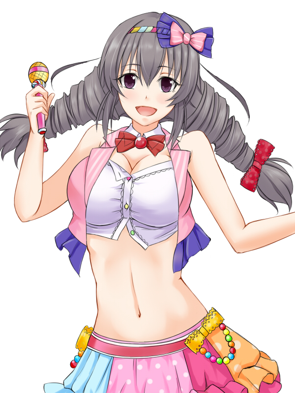 blush bow bowtie breasts cleavage crop_top drill_hair hair_bow idolmaster idolmaster_cinderella_girls ky_kosuke large_breasts looking_at_viewer microphone midriff navel open_mouth purple_eyes sakakibara_satomi silver_hair skirt sleeveless smile solo twin_drills twintails white_background