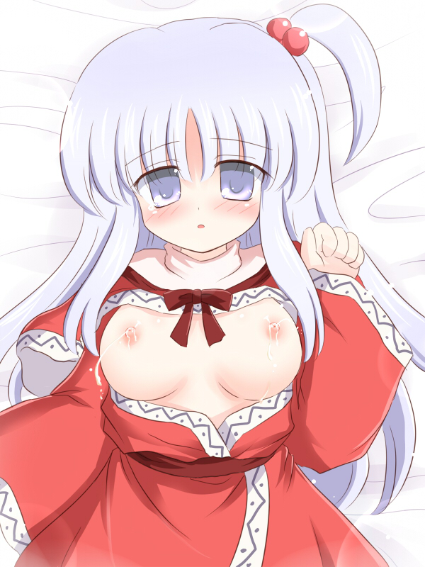 blue_eyes blush breasts breasts_outside dress hair_bobbles hair_ornament lactation long_hair medium_breasts nipples open_mouth ry shinki side_ponytail silver_hair solo touhou touhou_(pc-98) wings