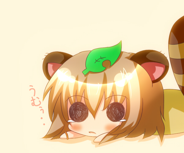 animal_ears black_eyes brown_hair futatsuiwa_mamizou leaf leaf_on_head no_eyewear noiz raccoon_ears raccoon_tail short_hair solid_circle_eyes tail tears touhou translated