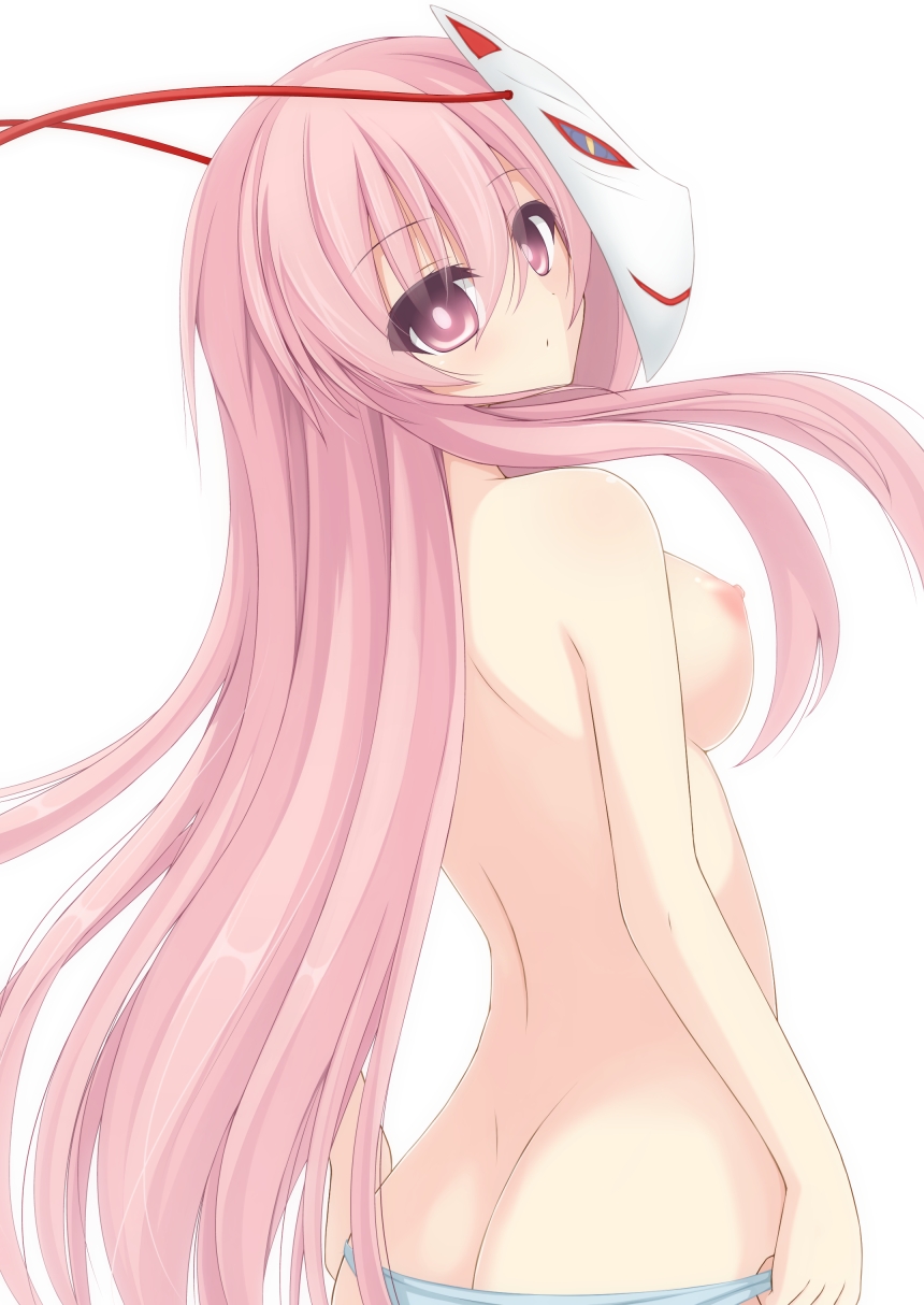 ass back breasts chimunge expressionless face_mask fox_mask hata_no_kokoro highres long_hair looking_at_viewer looking_back mask medium_breasts nipples panties pink_eyes pink_hair simple_background solo striped striped_panties topless touhou underwear underwear_only very_long_hair white_background