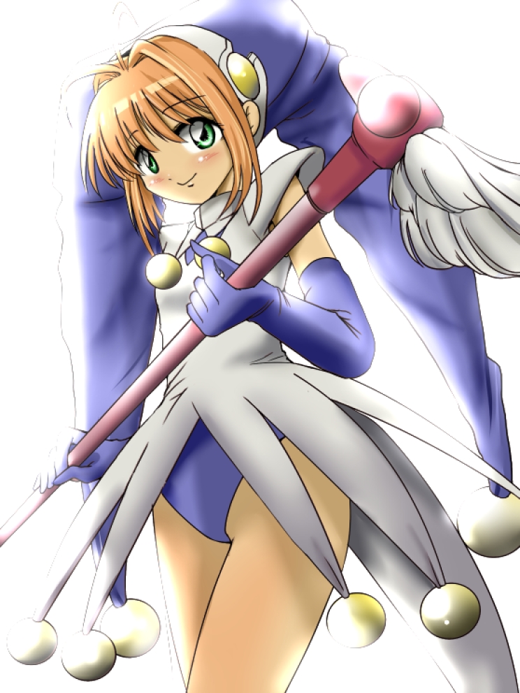 blue_gloves blue_hat blue_leotard blush brown_hair cardcaptor_sakura eichi1219 elbow_gloves fuuin_no_tsue gloves green_eyes hat jester_cap kinomoto_sakura leotard magical_girl short_hair smile solo wand