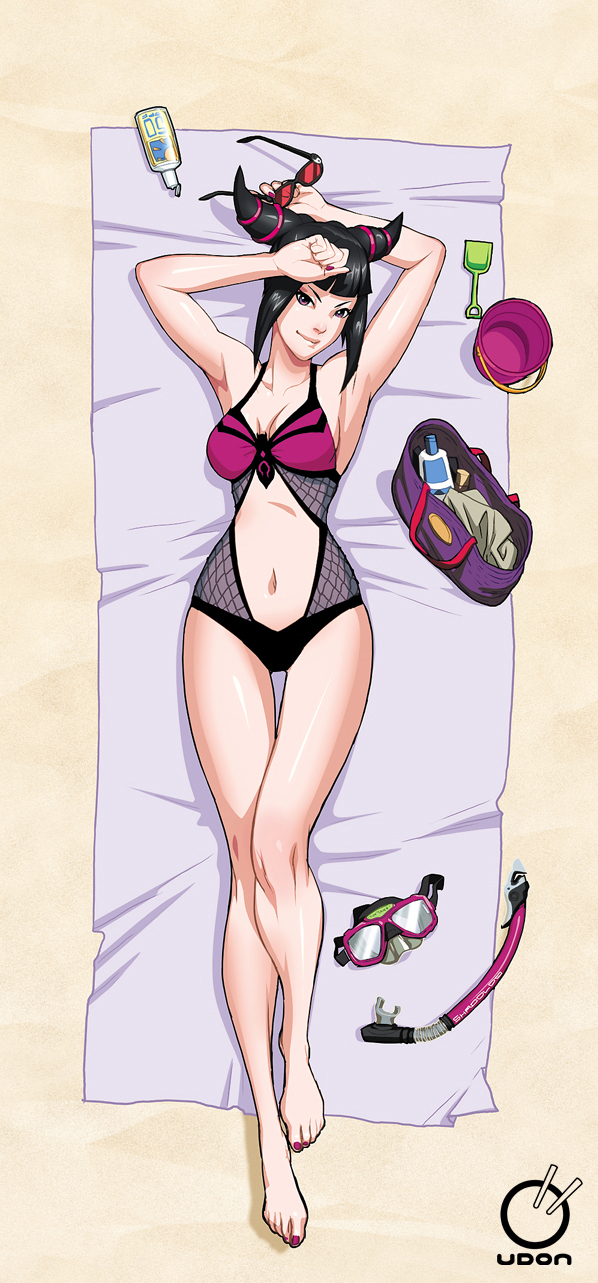 armpits arms arms_up arnold_tsang bag barefoot beach bucket drill_hair feet goggles han_juri highres legs looking_at_viewer lotion midriff one-piece_swimsuit sand snorkel solo street_fighter street_fighter_iv_(series) sunglasses swimsuit thigh_gap thighs toenail_polish twin_drills udon_entertainment
