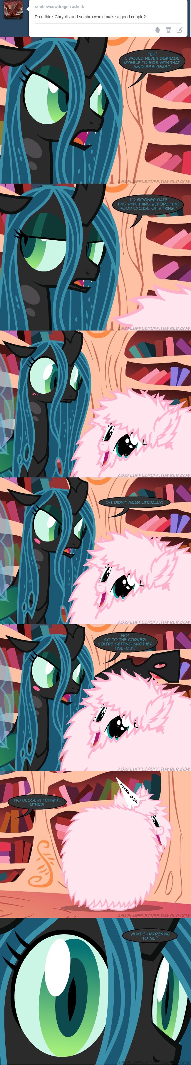 blue_eyes blush changeling comic dialog dunce_hat english_text equine eye_contact fangs female feral fluffle_puff fluffy friendship_is_magic green_eyes green_hair hair hat horn horse insect_wings mammal mixermike622 my_little_pony open_mouth pink_hair pony queen_chrysalis_(mlp) text wings