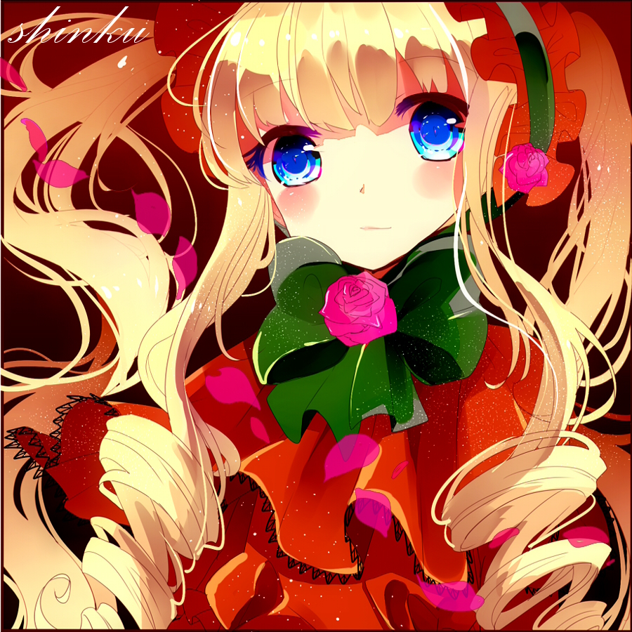 bad_id bad_pixiv_id blonde_hair blue_eyes bonnet bow character_name dress drill_hair flower long_hair petals pink_flower pink_rose remimim rose rozen_maiden shinku solo twintails very_long_hair