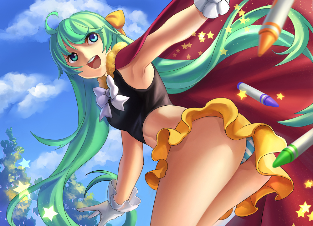armpits bad_id bad_pixiv_id blue_eyes cloud crayon day gloves green_eyes green_hair hatsune_miku heterochromia leaning_forward long_hair midriff open_mouth panties skirt sky solo stellarism striped striped_panties twintails underwear very_long_hair vocaloid yumeyume_(vocaloid)