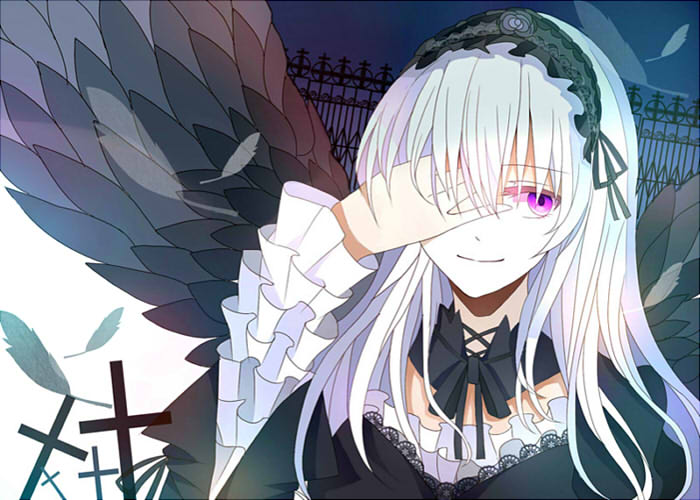 cross dress feathers fence flower frills hairband hand_over_eye long_hair purple_eyes rose rozen_maiden silver_hair smile sncol solo suigintou wings