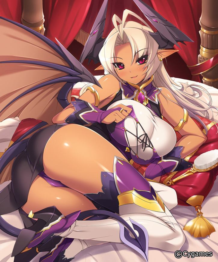 1girl antenna_hair ass bed blush bracelet demon_girl horns pillow pointy_ears red_eyes solo white_hair wings