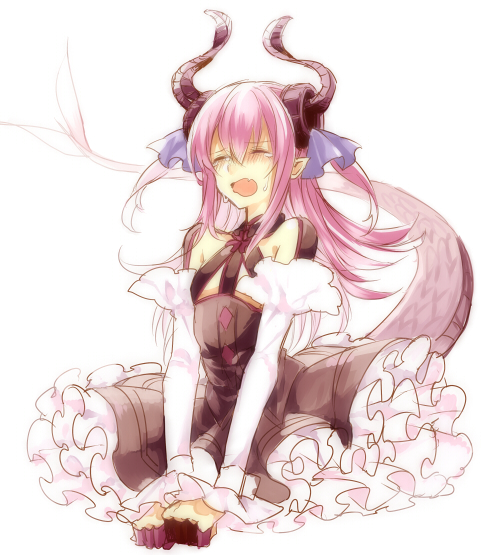 bad_id bad_pixiv_id crying detached_sleeves dress elizabeth_bathory_(fate) elizabeth_bathory_(fate)_(all) fang fate/extra fate/extra_ccc fate_(series) horns long_hair pink_hair pointy_ears shirako_miso solo tail tears two_side_up