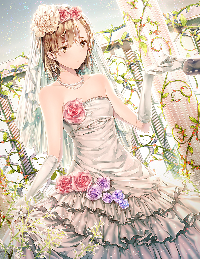 bangs bare_shoulders bridal_veil brown_eyes brown_hair closed_mouth dress dsmile eyebrows_visible_through_hair flat_chest flower frilled_dress frills gloves hair_flower hair_ornament holding_hands jewelry md5_mismatch misaka_mikoto necklace out_of_frame plant rose short_hair skirt_hold solo_focus strapless strapless_dress to_aru_kagaku_no_railgun to_aru_majutsu_no_index veil wedding_dress white_dress white_gloves