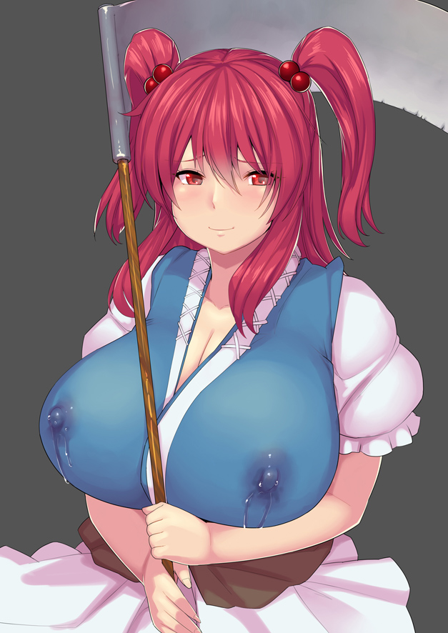 1girl blush breasts character_request hakai_shin huge_breasts lactation red_eyes red_hair scythe solo wet